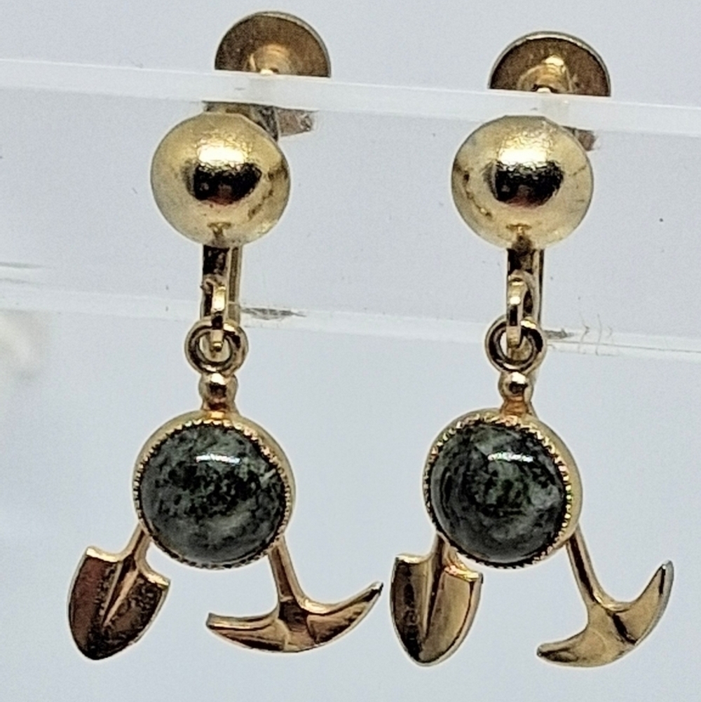 * Vintage Gold Miner Tools With Agate Stone Screwback Earrings